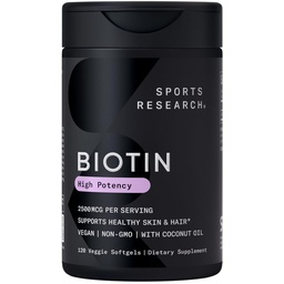 Sports Research® Biotin 2500mcg s organickým kokosovým olejom - biotín (vitamín B7) pre zdravú pleť a podporu vlasov* - pre ženy a mužov - Vegan, Non-GMO, Gluten & Soy-Free - 120 Veggie Softgels