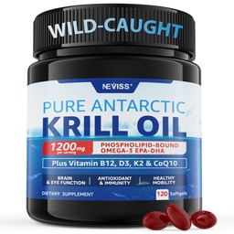Antarktída Krill Oil 1200 mg Omega 3 Supplement, Omega 3 Krill Oil Softgels w/EPA, DHA, Astaxantín a fosfolipidy pre mozog a antioxidant, Trvalo dostupné, bez rybacie dochuťou, 120 Softgels