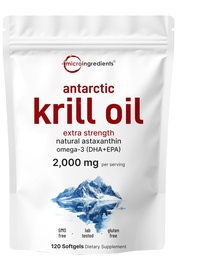 Micro Ingredients Antarktída Krill Oil Supplement, 2,000mg per Serving, 120 Softgels, Triple Strength, Bohatý na Omega-3s EPA, DHA & Natural Astaxantin, podporuje imunitný systém a zdravie mozgu
