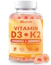 WEEVIT Vitamín D3 K2 Gummy, bezcukrový vitamín D3 K2 w/Calcium, horčík, Omega-3, vitamín C,B12, K2 D3 doplnok