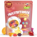 Deti Multivitamínové Gummy 180 gróf - Podpora očí, mozgu a vnútorností - vitamíny bez cukru pre deti - s luteínom, Omega-3 DHA a prebiotikami - 3 ovocné príchute - vek 2+
