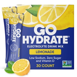 GoHydrate Powder Pakety s nízkym obsahom sodíka Electrolyty bez cukru - instantná hydratácia Denný nápoj Mix - Zero Cukrová voda Ochutená Packet s vitamínom D - (Lemonáda, 30 balení)