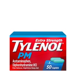 Tylenol PM Extra Strength Nighttime Pain Reliever & Sleep Aid Caplets, 500 mg Acetaminophen & 25 mg Diphenhydramine HCl, Relief for Nighttime Aches & Pains, Non-Habit Forming, 50 ct