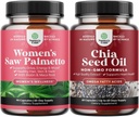 Bundle of Extra Strength Saw Palmetto for Women and Chia Seed Oil Extract Capsules - Silnejšie silnejšie rýchlejšie rast vlasov Vitamíny - Rastlinné na báze Omega 3 6 9 Supplement and Daily Fiber Capsules