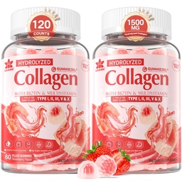 2Pack Hydrolyzovaný bez cukru Kolagén Peptid naplnený Gummy pre ženy a mužov, s 1500mg proteínu typu I,II,III,V,X, 5000mcg Biotín Vitamín C E D3 B6 B12 pre imunitné zadusenie nechty kože, kosti