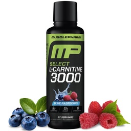 Muscle Pharm L-karnitín 3000, Ultimate Liquid L karnitín doplnok pre vysoký výkon, podporuje metabolizmus, hydratáciu a energiu, Zero Sugar, Nízke kalórie, Modrá malinová príchuť, 32 Servis