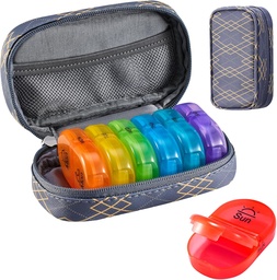 Serfeymi Travel Pill Organizátor 2 Časy A deň AM Upgrade Rainbow Pill Box 7 Deň s prenosným Zipper PU kožené pilulky Prípad, Medicína Organizátor pre pilulky, Vitamíny, Rybie oleje - Lines 01