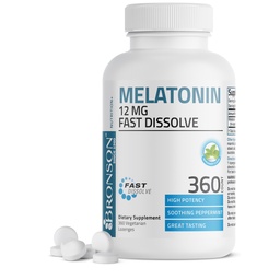 Bronson Melatonín 12 mg Rýchle rozpustenie Nighttime Sleep Aid Support & Relaxation Support, 360 Peppermint Vegetarián Lozenges