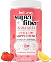 Bellway Super Fiber Powder + Kolagén, bezcukrový Psyllium Husk Powder s kolagénom Peptidy a kyselina hyalurónová pre zdravie Gut, zdravá koža, nechty, kosti a kĺby, jahodová limonáda (11 Servíry)