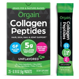Orgain Hydrolyzed Collagen Peptidy Cestovné pakety pre ženy a mužov - 5g Grass Fed Collagen Per Serving, vlasy, koža, nechty a spoločná podpora doplnok, non-GMO, typ I & III - Nechutí (25 Počet)