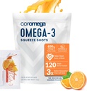 Coromega Omega 3 Fish Oil Supplement, 650mg Omega-3s s 3X lepšou absorpciou ako softgels, Orange flavor, 120 Single Serve Squeeze Pakets