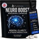 Neuro Boost Nootropic Capsules - Lions Mane, Bacopa, Alpha GPC, L-Theanine, Ashwagandha, Ginkgo Biloba Supplement for Mental Clarity, Focus, 120 Vegan Caps, Made in UK