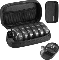 Serfeymi Travel Pill Organizátor 2 Časy A deň AM Upgrade Black Pill Box 7 deň s prenosným Zipper Canvas Pill prípad, Organizátor medicíny pre pilulky, vitamíny, doplnky, Rybie oleje - čierna 01