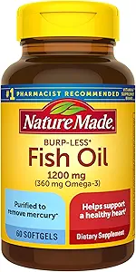 Nature Made Burp-Less Fish Oil 1200 mg, 60 Softgels, Fish Oil Omega 3 Supplement for heart Health (Pack of 3)