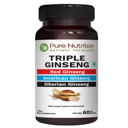 Pure Nutrition Triple Ginseng - jedinečná a efektívna kombinácia červeného ženšenu, amerického ženšenu a sibírskeho ženšenu. 790mg per Capsule 60 Veg Caps balenie