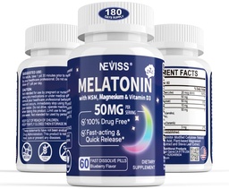 Melatonín 50 mg pre dospelých - extra sila 9-in-1 Rýchle rozpustenie Sublingválne - w/vitamín D3 & MSM, Relaxačné bylinné Blend-Ashwagandha, citrónový balm, mučenka, Chamomile, bez cukru, Vegan 180 Servings