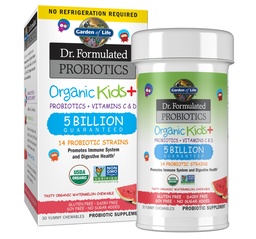 Záhrada života Dr. Formulované probiotiká Organické deti+ plus vitamín C & D - melón - lepidlo, Mliečne a sójové zadarmo Immumálne a trávne zdravie doplnok, bez pridaného cukru, 30 Chewables (Shelf Stable)