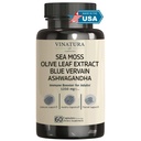 VINATURA Organic Sea Moss, Blue Vervain - s čiernym semenom olej, Ashwagandha, Ginger, Burdock Root Capsules - 1250mg per Serving, *USA Made &Tested* Immune Booster pre dospelých