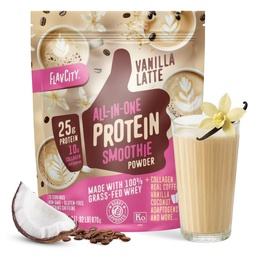 FlavCity Grass Fed Whey Protein Powder - Vanilla Latte - 25g Protein, 10g Collagen & 60mg kofeínu - Vyrobené s Real Vanilla Bean & Organic Coconut - Gluten Free & No Added Cugars (20 Servings)