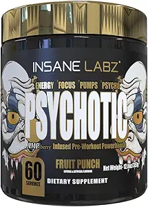 Insane Labz Psychotic Gold, High Stimulant Pre Cvičenie Powder, Extrémne Trvalá energia, Čerpadlá a Vytrvalosť s Beta Alanyne, DMAE bitartrate, NO Booster (60 Servings, Fruit Punch)