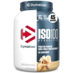 Dymatizovať ISO100 Srvátkový proteín prášok Izolát, Vanilka, 25g proteínu, 3 libra, 5,5 g BCAA, menej ako 120 kal., bez lepku, 1g tuku, 1g cukru, 2g Carb (45 servings)