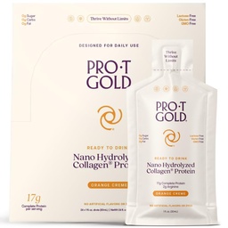 ProT Gold Liquid Collagen Protein Shot, 17g Clear Protein Nano-Hydrolyzed Grass Fed Collagen, 2g Arginine for Wound Support, Gluten Free, Sugar Free, 0g Carbs, Orange Creme, 1 fl oz, 24 Balenie