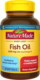 Nature Made Burp Menej rybieho oleja Omega 3 Doplnky, 1200 mg Softgels, EPA DHA Omega 3 Rybí olej Doplnky pre zdravú podporu srdca, 60 Softgels, 30 Day Supply