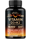 Vitamín D3 K2 - Vitamín D3 10000 iu & K2 ako MK-7 120 mcg - Immune & Mood Support, pre zdravie kostí a zubov - s horčíkom, zinkom a vitamínom C & B12 - Vysoko biologicky dostupný - vyrobený v USA, 120 kapsúl
