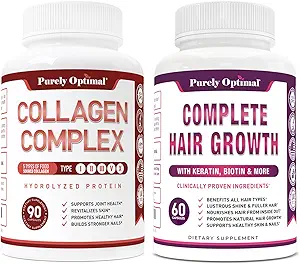 Purely Optimal Premium Multi Collagen Peptidy Kapsule (typy I, II, III, V, X) + Premium Rast vlasov pre ženy a mužov - Rast vlasov Vitamíny w/Biotín a keratín