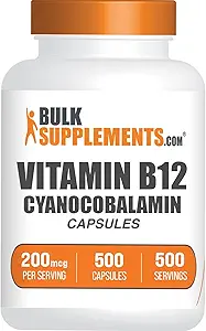 BulkSupplementments.com Vitamín B12 Kapsule - ako Kyanokobalamín, vitamín B doplnok, vitamín B12 200 mcg - Energy Vitamíny, bez lepku, 1 kapsula na porciu, 500 kapsúl (Pack of 1)