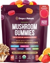 Drops Of Nature Lions Mane & Ashwagandha Gummies – 8-in-1 Mushroom Superfood Blend with Cordyceps Turkey Tail Reishi Chaga Shiitake Maitake – Vegan, Organic, Low Carb (Mixed Fruit, 40 Round Gummies)
