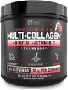 Prémiový multikolagen Peptidy Protein prášok (1, 2, 3, 5 a 10) s vitamínom C, biotínom, kyselinou hyalurónovou, pre vlasy kože a nechtov - morské, hovädzie, kuracie a vaječné škrupiny (Jahoda, 45 Servings)
