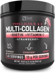 Prémiový multikolagen Peptidy Protein prášok (1, 2, 3, 5 a 10) s vitamínom C, biotínom, kyselinou hyalurónovou, pre vlasy kože a nechtov - morské, hovädzie, kuracie a vaječné škrupiny (Jahoda, 45 Servings)
