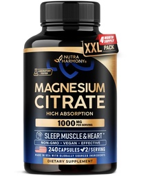 Magnesium Citrate Capsules 1000mg | High Absorption Supplement - Sleep, Muscle & Heart Support - Vegan | Non-GMO - for Women & Men - As Powder | Pills | Tablets - 240 Capsules, 4 Month Supply