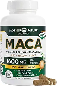 Matka Príroda USDA Organic Maca Root Black + Red + Žlté Kapsule Peruvian Maca od Muži & Ženy 1600mg, Vegan Pills, Podpora Mood, Hormonal Balance Reproduction & Energy (90ct)