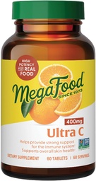 Megafood Ultra C 400 mg - Vegan Immune Suplement with Vitamin C, Made with Real Food including brokolica, Carrot, Cranberry & Brown Rice, Gluten-free, Košer - 60 Tablets, 60 Servings