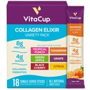VitaCup Collagen Drink Mix Sticks Variety Pack, 6 Flavors, Grass-Fed Collagen for Skin, Hair, Nails & Joints, Hydration + Gut Support, Prebiotic Fiber & Electrolytes, No Artificial Sweeteners, 18 Ct