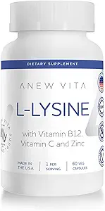 L-lyzínové doplnky s vitamínom B12 + C + zinok pre Lip, Ústa a zdravie ústnej dutiny - Vylepšená wellness podpora - Non-GMO, Gluten-free - Vyrobené v USA - 60 Rastlinné kapsule, 500mg