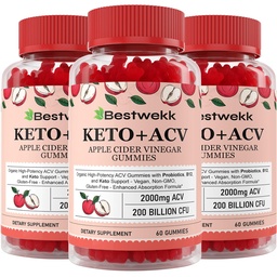 Jablkový Cider Ocot Gummies, Max Strength 2000mg ACV Gummy s probiotikami, B12 a Keto Podpora, Pre trávenie, Metabolizmus, Detox, Gut & Immune Health, Želatína-free, non-GMO, 180 keto akv ďasien