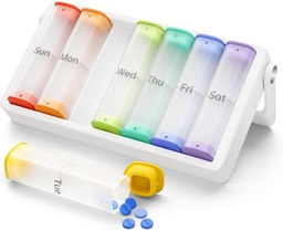 Týždenné pilulky Organizátor 2 Časy denne, KOV NNN veľké cestovné pilulky box 7 deň, Am Pm dvakrát denne pilulky Prípad s rotačnou rukoväťou, Pill Holder Kontajner pre vitamín, Medicína, Dodatok, Translucent-White