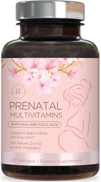 Prenatálne vitamíny pre ženy s kyselinou listovou a DHA, Podpora rozvoja plodu mozgu s folátom a Omega 3's, Multivitamín s vitamínom A, C, D, B6, B12 a železom, doplnok tehotenstva - 120 Softgels