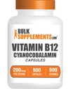 BulkSupplementments.com Vitamín B12 Kapsule - ako Kyanokobalamín, vitamín B doplnok, vitamín B12 200 mcg - Energy Vitamíny, bez lepku, 1 kapsula na porciu, 500 kapsúl (Pack of 1)