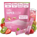 Nello Superglow Powdered Drink Mix, Skin Hydration, Glow & Hair Support, Collagen Peptides, Hyaluronic Acid, Ceramosides, Biotin & Vitamin C, 20 Stick Packs (Strawberry Kiwi)
