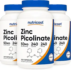 Nutricost Zinok Pikolinát 50 mg, 240 Vegetariánske kapsuly (3 fľaše) - bezlepkové a bez GMO