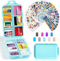 14 Grids Travel pilulky Organizátor box s 415-Pcs Názov lieku Etikety - Pocket Daily Pharmacy Case Kontajnerová súprava - Travel Medical Holder Dispenser for Fish Oil Vitamín Supplement Storage - Sky Blue