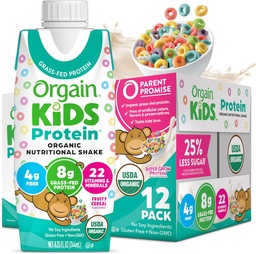Orgain Organic Kids Nutritional Protein Shake, Fruity Cereal - Kids Snacks with 8g Dairy Protein, 22 Vitamíny a minerály, Ovocie a zelenina, Gluten Free, Soy Free, Non-GMO, 8.25 Fl Oz (Pack of 12)