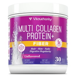 Vitauthority Multi Collagen Protein Powder + Fiber Supplement Collagen Types I, II, III, V & X | Hair, Skin, Nail, & Digestive Support | Vitamin C & Hyaluronic Acid, Unflavored 30 Servings