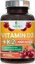 Vitamín D3 K2 2000 IU Plus s K2 (MK-7) 75 μg - Vitamíny D & K Complex Supplement for Bone, Zuby, svalovina, vstrebávanie vápnika, podporuje Immune & Heart Health, NeGMO Žuvacia formula - 180 tabliet