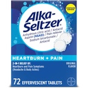 Alka-Seltzer Pálenie záhy + bolesť Šumivý aspirín + antacidá Tablety, rýchle pálenie záhy a úľava od trávenia kyselinou, úľava od bolesti s aspirínom, 72 Ct