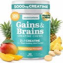 Creatine Chews - 5000mg Creatine Monohydrate Tablets for Men & Women with Ashwagandha KSM-66 - Low Sugar Muscle Support & Cognitive Boost - Gummy Alternative - 120 Count (Tropical Mango)